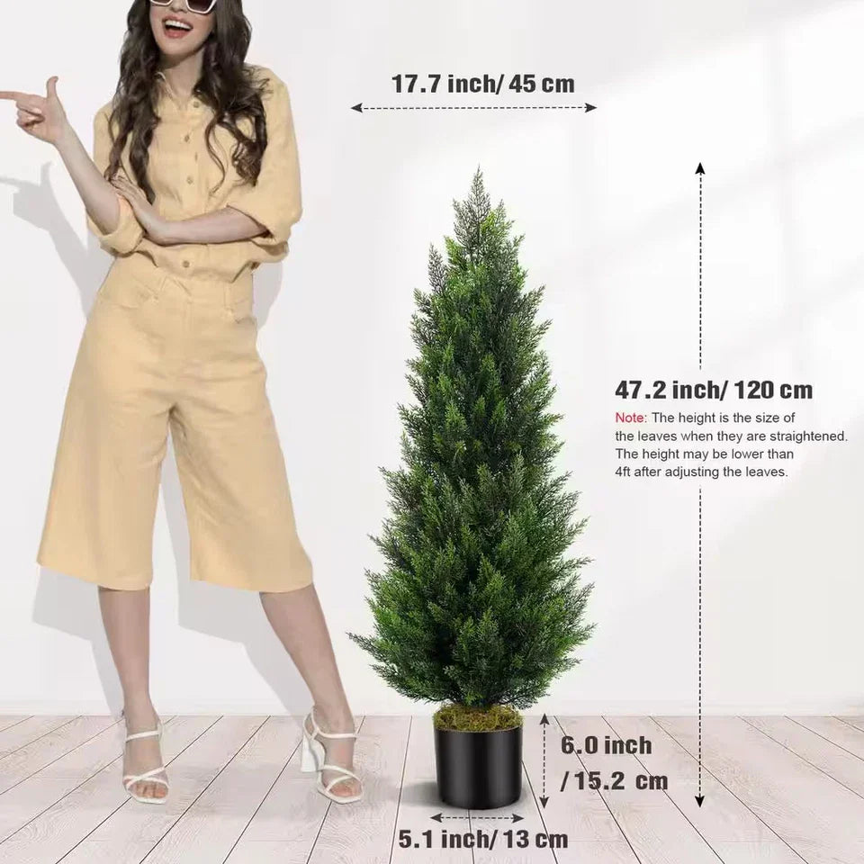 2Sets Green Plants 4Ft Artificial Topiary Cedar Tree with Black Pot 48In Faux Pi