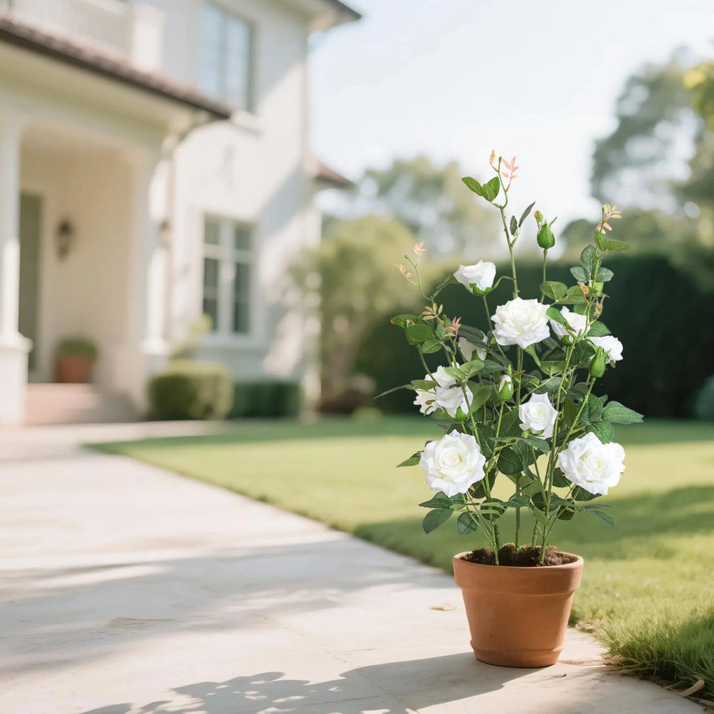 32" Artificial White Rose Tree Faux Plant with Base for outdoor indoor use